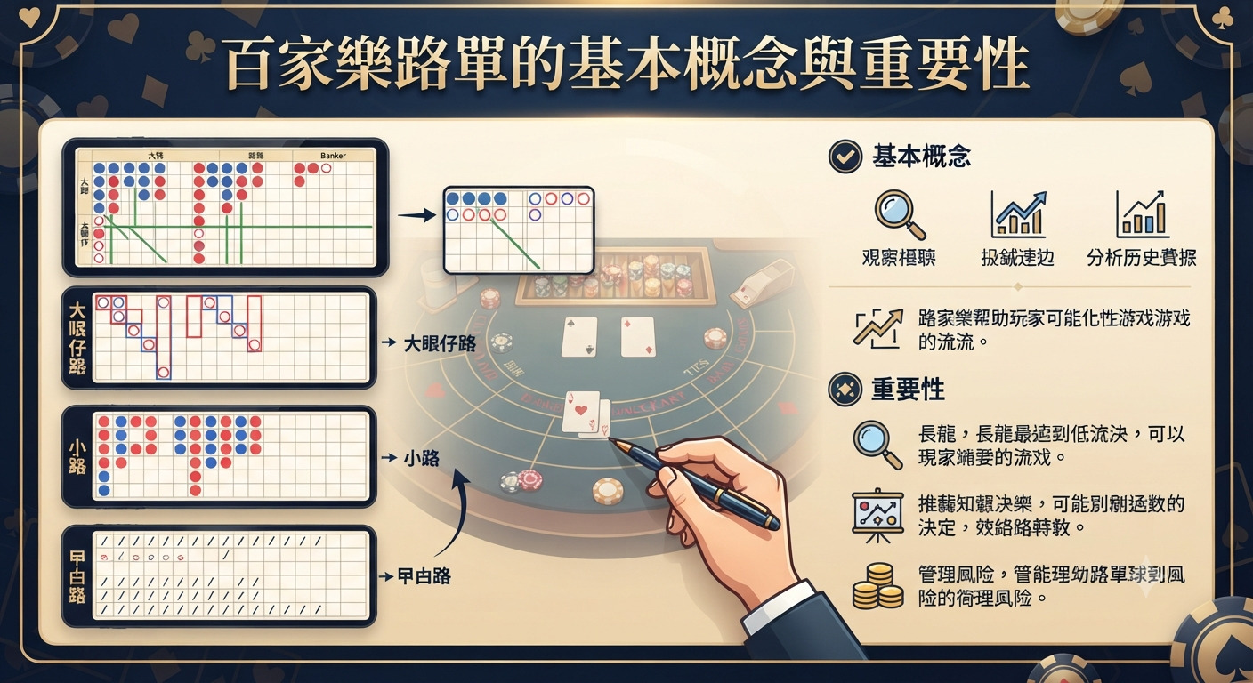 這張圖片展示了百家樂路單的視覺化圖表與牌局分析,深入探討其基本概念與重要性。 畫面中結合了多種經典路單形式與數據圖示,呈現出玩家在遊戲中觀察規律與管理風險的過程。