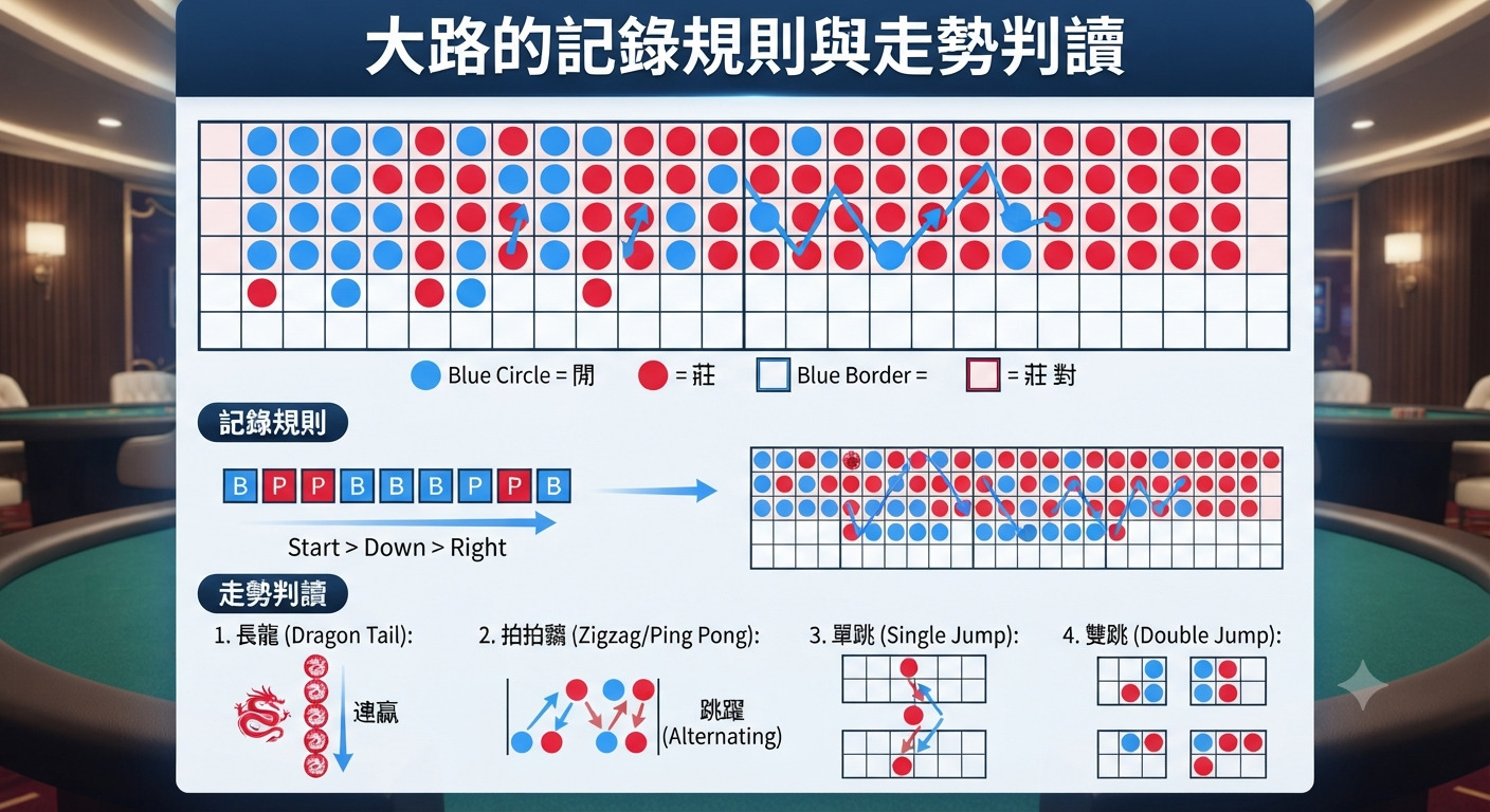 圖片展示了大路的記錄規則與走勢判讀,包含棋盤格式的點數排列與各種走勢圖解。 整體畫面採用清晰的圖表與專業排版,幫助分析牌局規律。